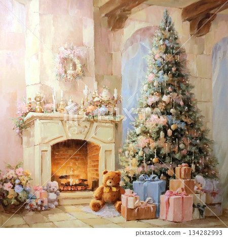 一幅油畫風格的插圖，描繪了一間帶壁爐的房間裡的聖誕樹和禮物。 134282993