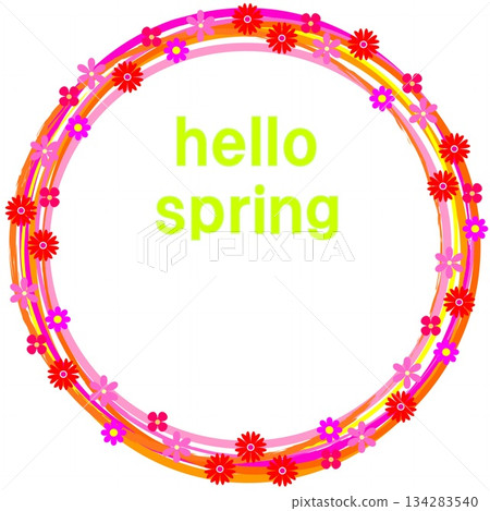 Happy Spring floral frame on white background in pink and orange 134283540