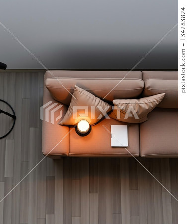 Cozy Peach Sofa with Book and Ambient Lighting 134283824