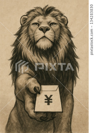 A fierce-looking lion handing over a New Year's gift | Monotone Generative AI 134283830