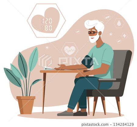 Senior Man Measuring Blood Pressure in Room Senior Man Measuring Blood Pressure in Room 134284129
