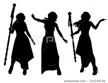 Silhouette of a Sorceress Holding a Magic Staff 134284130