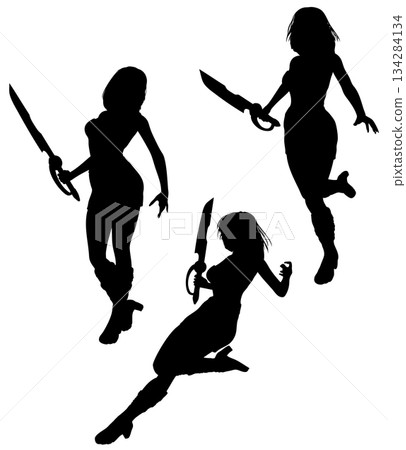 Silhouette of Female Warrior Holding Sword 134284134