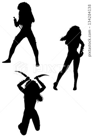 Silhouette of Female Warrior Jumping with Dual Blades 134284138
