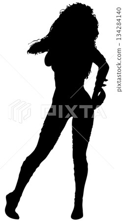 Silhouette of Female Warrior Jumping with Dual Blades 134284140