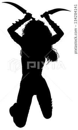 Silhouette of Female Warrior Jumping with Dual Blades Silhouette of Female Warrior Jumping with Dual Blades 134284141