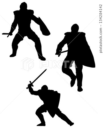 Silhouette of Medieval Knight with Sword and Shield 134284142