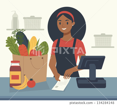 Smiling Woman Cashier at Checkout with Groceries Smiling Woman Cashier at Checkout with Groceries 134284148