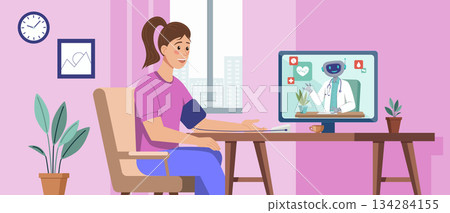 Woman Using Telemedicine with Robot Doctor Online 134284155