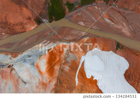 Aerial image of Iceland's geothermal terrain with orange and red earth, green vegetation, a winding muddy river, and a patch of snow on rugged ground. 134284531