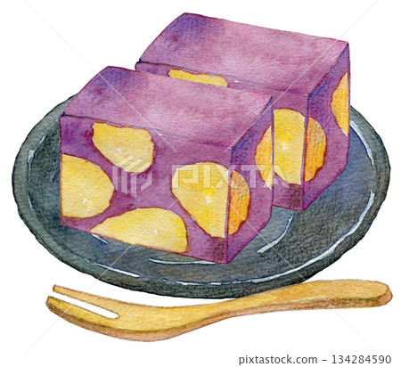 Watercolor illustration, hand-drawn illustration, steamed chestnut yokan Watercolor illustration, hand-drawn illustration, steamed chestnut yokan 134284590