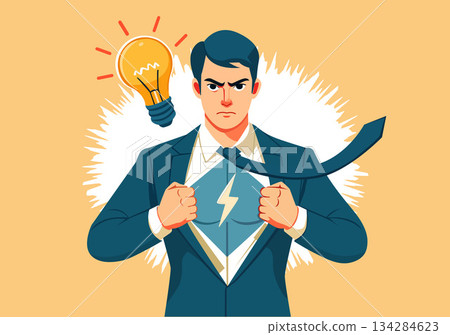 Illustration Businessman Revealing Superhero Power and Idea Illustration Businessman Revealing Superhero Power and Idea 134284623