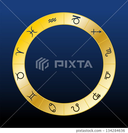 Golden zodiac wheel, over blue, showing 12 signs used in horoscopic astrology. Visual representation of the heavens, a disc divided into 12 equal sized fields, with symbols of the zodiac signs. Vector 134284636