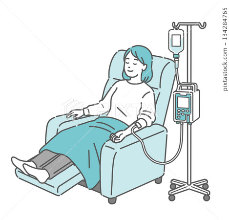 A woman sleeping in a reclining chair while receiving an IV drip (outpatient chemotherapy/rest) A woman sleeping in a reclining chair while receiving an IV drip (outpatient chemotherapy/rest) 134284765