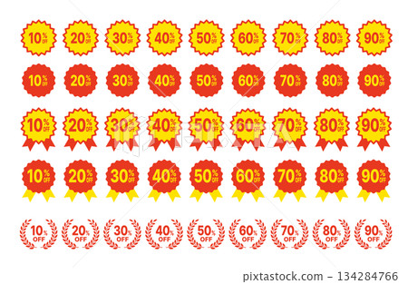 Sale discount rate (10-90% OFF) icon label set in red and yellow Sale discount rate (10-90% OFF) icon label set in red and yellow 134284766
