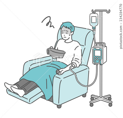 A man feels nauseous while holding a gargle base during an IV drip (outpatient chemotherapy, side effects) A man feels nauseous while holding a gargle base during an IV drip (outpatient chemotherapy, side effects) 134284770