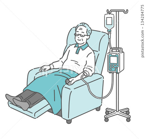 Elderly man sleeping in a reclining chair while receiving an IV drip (dialysis, chemotherapy, rest) Elderly man sleeping in a reclining chair while receiving an IV drip (dialysis, chemotherapy, rest) 134284775