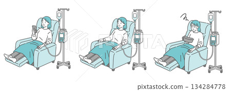 一組三件套照片，描繪了一位斜倚著接受靜脈輸液的女士（智慧型手機、睡眠、噁心） 134284778