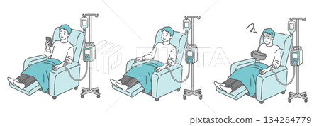 一名男子斜躺著接受靜脈輸液。三件組（智慧型手機、睡眠、噁心） 134284779