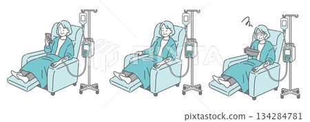 Elderly woman receiving an IV drip while reclining (three-piece set: smartphone, sleep, nausea) 134284781