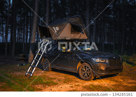 A black BMW X4 2025 with a rooftop tent and ladder is parked in a forested area during twilight, surrounded by tall trees and dirt ground. 134285161