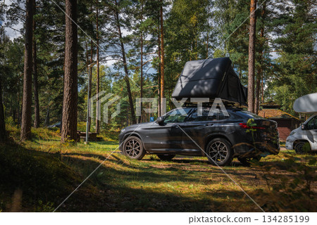 A BMW X4 2025 with a rooftop tent set up in a forested camping site. Tall pine trees surround the area, with sunlight filtering through the branches. 134285199