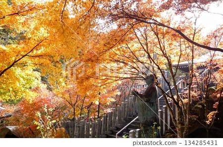 Beautiful autumn leaves and a bronze statue illuminated by the sun 134285431