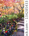 Autumn leaves and many Jizo statues wearing hats 134285433