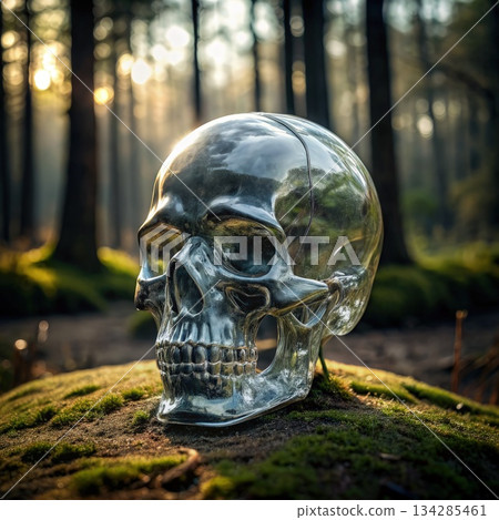 Transparent Glass Human Skull Resting On Moss In Forest. Generative AI 134285461