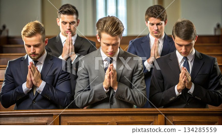 Men Praying in a Church Setting. Generative AI 134285559