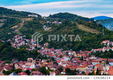 Brasov, Romania October 05, 2025. A Stunning Panoramic Perspective of Romania Historic City Nestled in the Carpathian Mountains. 134286214