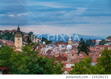 Brasov, Romania October 05, 2025. A Stunning Panoramic Perspective of Romania Historic City Nestled in the Carpathian Mountains. 134286215
