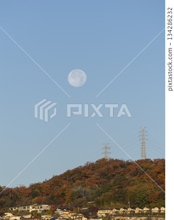 Moon in the blue sky and autumn leaves on the mountain Moon in the blue sky and autumn leaves on the mountain 134286232