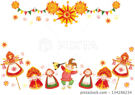 Horizontal festive frame of flags, garlands, suns and dancing buffoons, mummers, banner for text. Hand drawn watercolor illustration. Maslenitsa holiday, Shrovetide, carnival, Maslenitsa Horizontal festive frame of flags, garlands, suns and dancing buffoons, mummers, banner for text. Hand drawn watercolor illustration. Maslenitsa holiday, Shrovetide, carnival, Maslenitsa 134286234