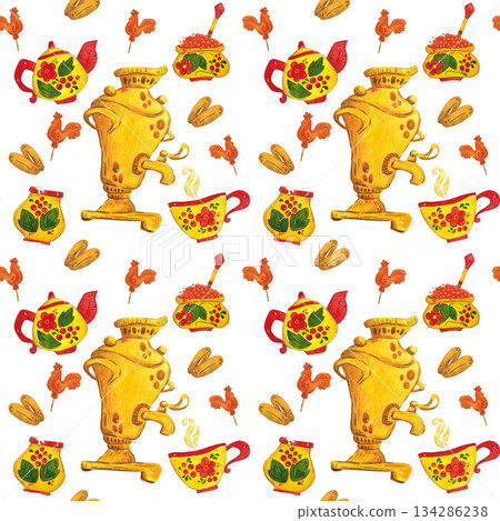 Bright tea seamless pattern for the holiday of Maslenitsa. Maslenitsa, national spring holiday. Watercolor illustration hand drawn in cartoon style. Holiday, Khokhloma, carnival, Maslenitsa 134286238