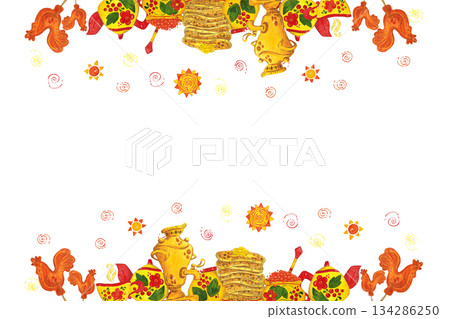 Horizontal frame, banner for text. Hand drawn watercolor illustration. Maslenitsa holiday, Shrovetide, carnival, Maslenitsa, Mardi Gras, Shrove Tuesday, pancake week, Pancake Day 134286250