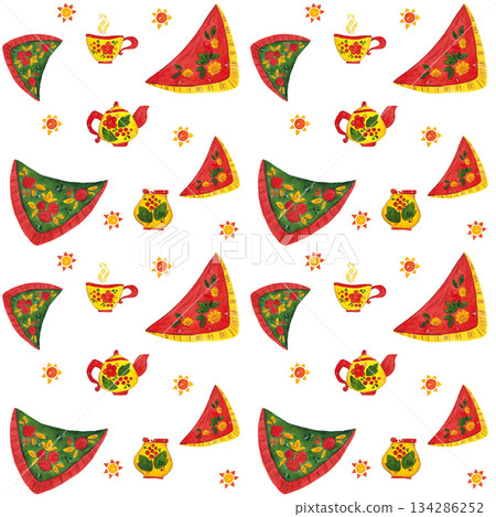 Bright seamless pattern for the Maslenitsa holiday. Scarves, ornament, fabric, pattern, flowers, sun. Watercolor illustration hand drawn in cartoon style. Bright, festive, traditional Bright seamless pattern for the Maslenitsa holiday. Scarves, ornament, fabric, pattern, flowers, sun. Watercolor illustration hand drawn in cartoon style. Bright, festive, traditional 134286252