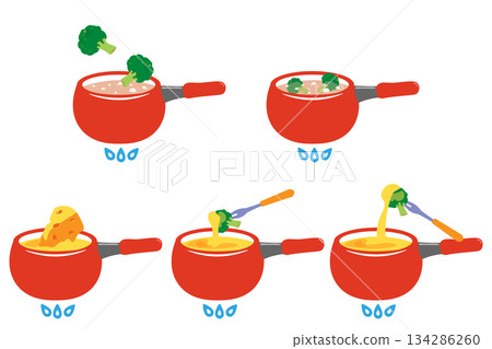 Illustration of boiling broccoli and melting cheese to enjoy fondue Illustration of boiling broccoli and melting cheese to enjoy fondue 134286260
