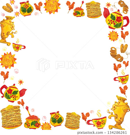 Square, festive frame, banner for text. Hand drawn watercolor illustration. Maslenitsa holiday, Shrovetide, carnival, Maslenitsa, Mardi Gras, Shrove Tuesday, pancake week, Pancake Day Square, festive frame, banner for text. Hand drawn watercolor illustration. Maslenitsa holiday, Shrovetide, carnival, Maslenitsa, Mardi Gras, Shrove Tuesday, pancake week, Pancake Day 134286261