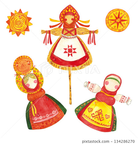 A set of bright ritual dolls for the Maslenitsa holiday. Watercolor illustration hand drawn in cartoon style. Maslenitsa, bright, cartoon, doll, ribbons, costume, sun, carnival A set of bright ritual dolls for the Maslenitsa holiday. Watercolor illustration hand drawn in cartoon style. Maslenitsa, bright, cartoon, doll, ribbons, costume, sun, carnival 134286270