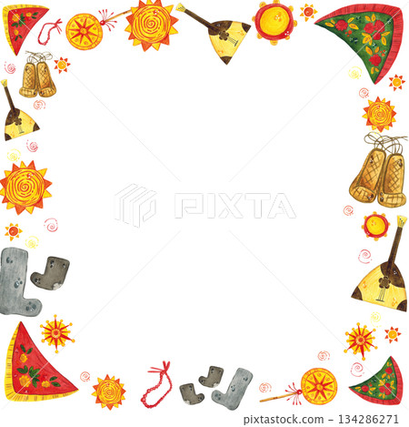 Square frame, banner for text. Hand drawn watercolor illustration. scarves, musical instruments, felt boots, bast shoes, Maslenitsa holiday, Shrovetide, carnival, Shrove Tuesday, pancake week Square frame, banner for text. Hand drawn watercolor illustration. scarves, musical instruments, felt boots, bast shoes, Maslenitsa holiday, Shrovetide, carnival, Shrove Tuesday, pancake week 134286271