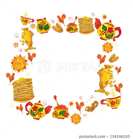 Square frame, banner for text. Hand drawn watercolor illustration. Maslenitsa holiday, Shrovetide, carnival, Maslenitsa, Mardi Gras, Shrove Tuesday, pancake week, pancakes, caviar, food, sun, sweets 134286285