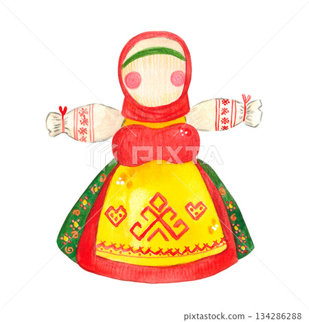 Isolate ritual doll. Hand drawn watercolor illustration.Maslenitsa holiday, Shrovetide, carnival, Maslenitsa, Mardi Gras, Shrove Tuesday, pancake week, Pancake Day 134286288
