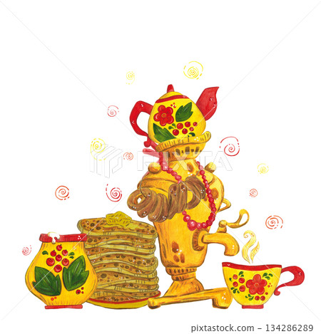 Hand drawn watercolor illustration. Composition. Kitchen, Maslenitsa, tea party, tradition, traditional, samovar, tea, food, kettle, teapot, bagels, bagels, pancakes, sour cream, cup Hand drawn watercolor illustration. Composition. Kitchen, Maslenitsa, tea party, tradition, traditional, samovar, tea, food, kettle, teapot, bagels, bagels, pancakes, sour cream, cup 134286289