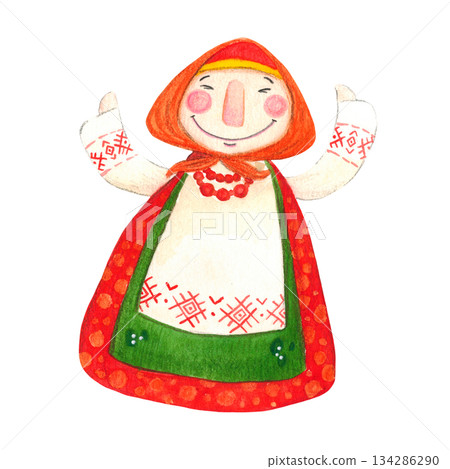 Isolated woman in a sundress. Hand drawn watercolor illustration. Maslenitsa holiday, Shrovetide, carnival, Maslenitsa, Mardi Gras, Shrove Tuesday, pancake week, Pancake Day 134286290