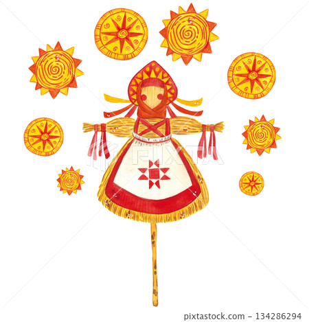 Traditional doll on a pole surrounded by suns for the Maslenitsa holiday on a white background. Watercolor illustration, hand drawn in childish style. Drawing for postcards, paper. Holiday, Maslenitsa 134286294