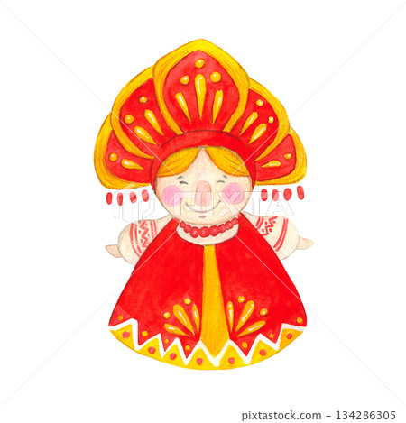 Isolated woman in a sundress and kokoshnik. Hand drawn watercolor illustration. Maslenitsa holiday, Shrovetide, carnival, Maslenitsa, Mardi Gras, Shrove Tuesday, pancake week, Pancake Day 134286305