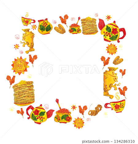 Square frame, banner for text. Hand drawn watercolor illustration. Maslenitsa holiday, Shrovetide, carnival, Maslenitsa, Mardi Gras, Shrove Tuesday, pancake week, Pancake Day 134286310