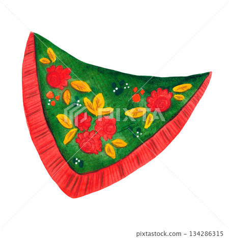 Green and red floral folk-style scarf. Hand-painted watercolor illustration. Maslenitsa, carnival, Maslenitsa, Mardi Gras, Pancake Week, Pancake Tuesday, Pancake Week, Pancake Day Green and red floral folk-style scarf. Hand-painted watercolor illustration. Maslenitsa, carnival, Maslenitsa, Mardi Gras, Pancake Week, Pancake Tuesday, Pancake Week, Pancake Day 134286315