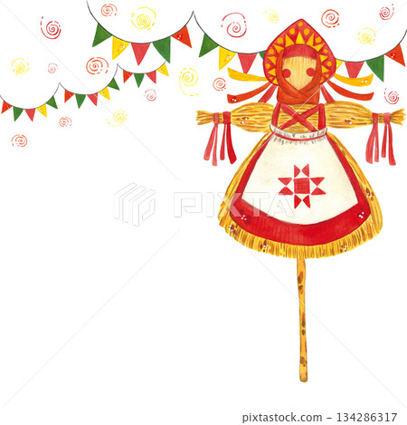 Hand drawn watercolor illustration. Traditional, ritual doll made of straw. Maslenitsa, carnival, festival, spring holiday, tradition, festivities, flags, garland, holiday, isolate, postcard, poster 134286317